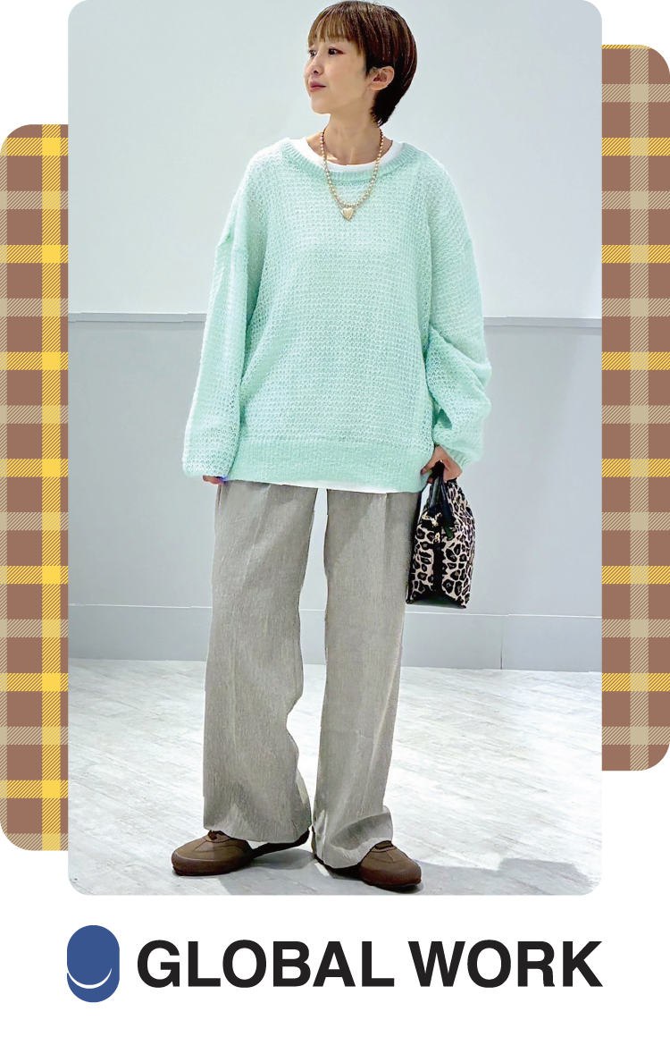 グローバルワーク：トップスは着るだけでレイヤードスタイルが完成するお得セット。